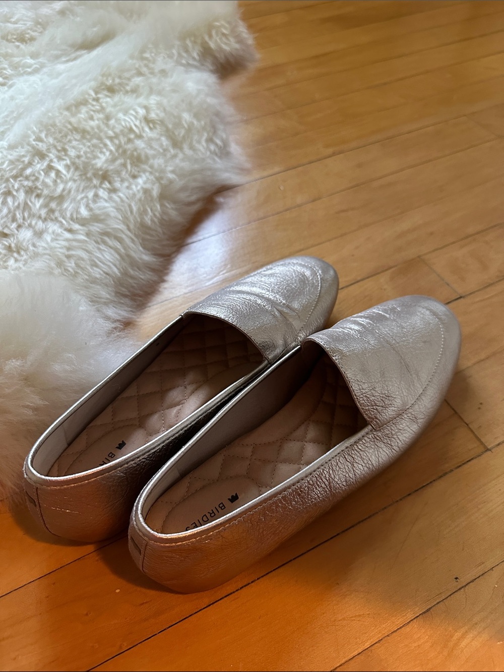 Birdies Metallic Champagne Quilted-Insole Loafers